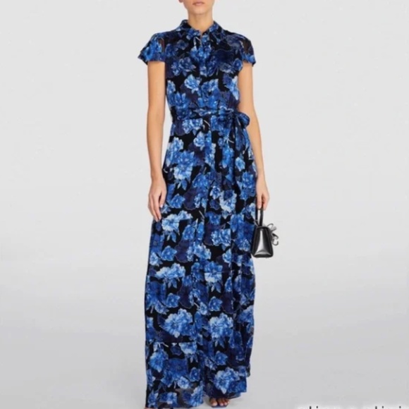 ALICE + OLIVIA WOMENS MIRANDA SHORT SLEEVE MAXI DRESS BUTTON DOWN BLACK FLORAL - Picture 1 of 13